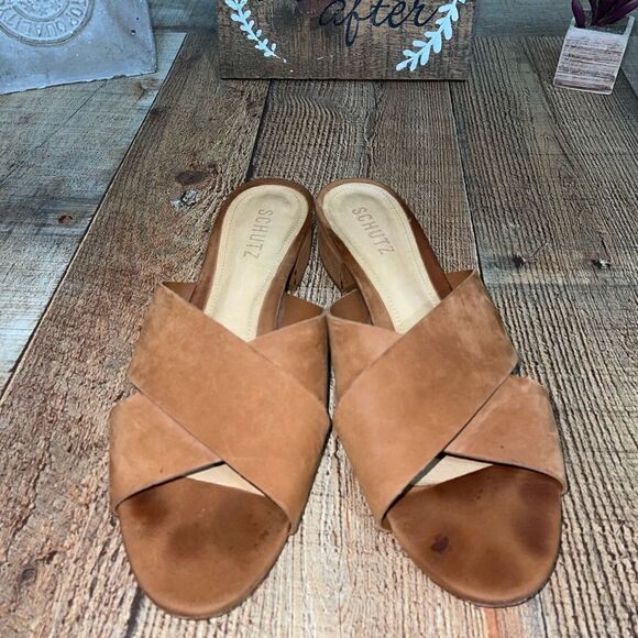 Schutz Barbarella brown suede criss-cross block heel slide sandals - Picture 1 of 13